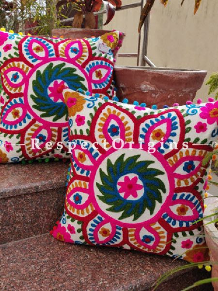 Buy Set of 2 Handmade Suzani Embroidery Square Cotton Cushion Cover With Blue, Pink & Yellow Pom Pom At RespectOrigins.com