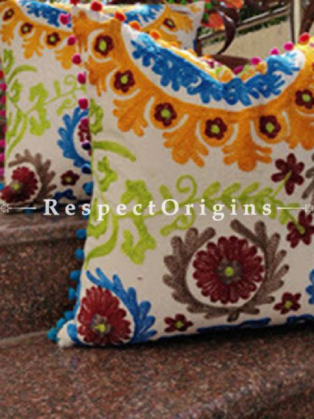 Buy Set of 2 Handmade Suzani Embroidery Square Cotton Cushion Cover With Blue, Red & Green Pom Pom At RespectOrigins.com