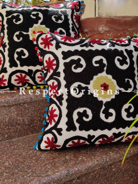 Buy Set of 2 Handmade Suzani Embroidery Square Cotton Cushion Cover With Blue, Red & Yellow Pom Pom At RespectOrigins.com