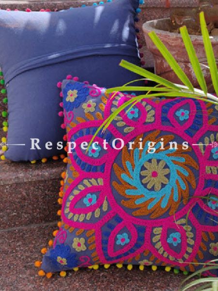 Buy Set of 2 Handmade Suzani Embroidery Square Cotton Cushion Cover With Green, Red & Yellow Pom Pom At RespectOrigins.com