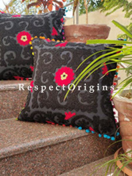 Buy Set of 2 Handmade Suzani Embroidery Square Cotton Cushion Cover With Blue, Red & Yellow Pom Pom At RespectOrigins.com