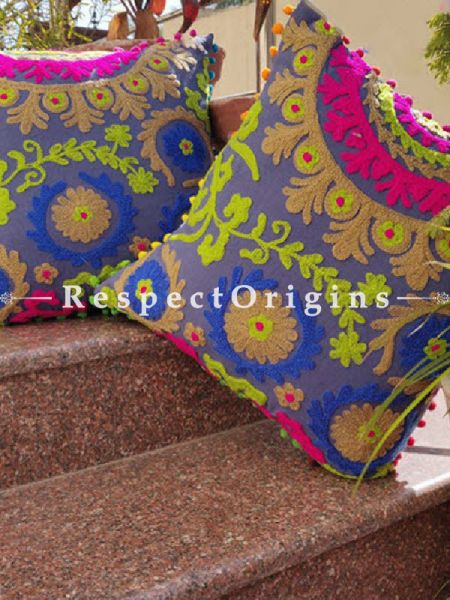 Buy Set of 2 Handmade Suzani Embroidery Square Cotton Cushion Cover With Purple, Blue & Green Pom Pom At RespectOrigins.com