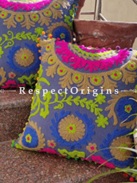 Buy Set of 2 Handmade Suzani Embroidery Square Cotton Cushion Cover With Purple, Blue & Green Pom Pom At RespectOrigins.com