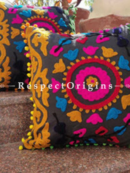 Buy Set of 2 Handmade Suzani Embroidery Square Cotton Cushion Cover With Yellow, Red & Green Pom Pom At RespectOrigins.com