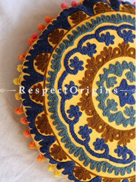Buy Set of 2 Handmade Suzani Embroidery Round Cotton Cushion Cover in Yellow Base At RespectOrigins.com