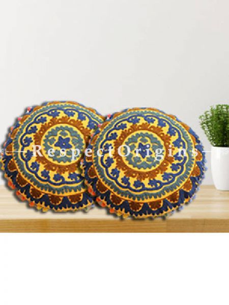 Buy Set of 2 Handmade Suzani Embroidery Round Cotton Cushion Cover in Yellow Base At RespectOrigins.com