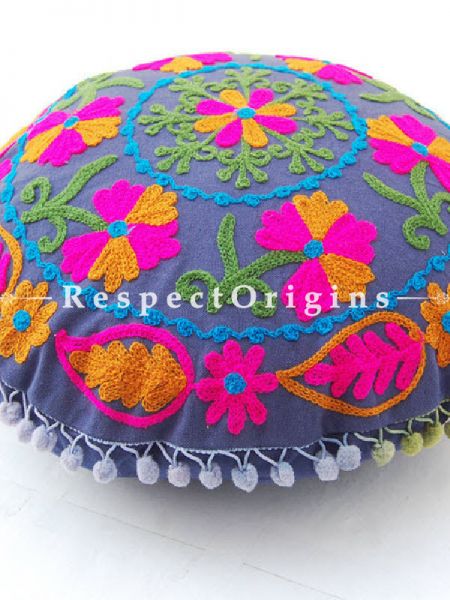 Buy Set of 2 Handmade Suzani Embroidery grey based Round Cotton Cushion Cover At RespectOrigins.com