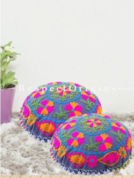 Buy Set of 2 Handmade Suzani Embroidery grey based Round Cotton Cushion Cover At RespectOrigins.com