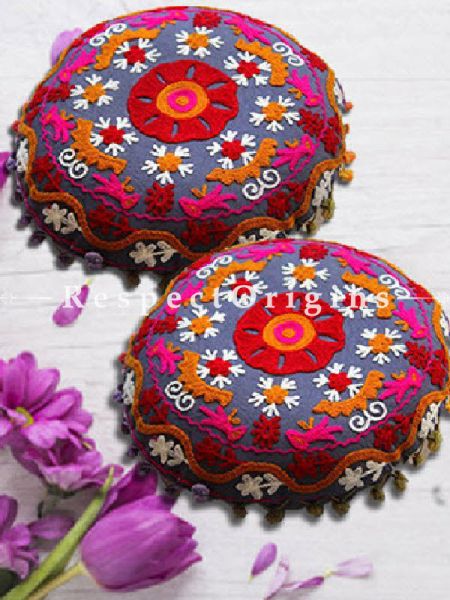 Buy Set of 2 Handmade Traditional Suzani Embroidery Cotton Round Cushion Cover in Multicolor At RespectOrigins.com
