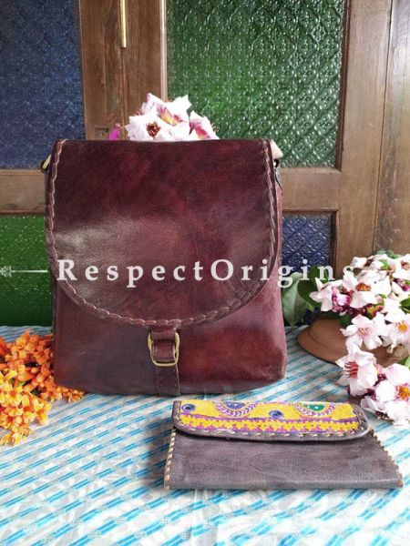 Cherry Brown Unisex Genuine Leather Satchel and Embroidered Clutch Combo; RespectOrigins.com