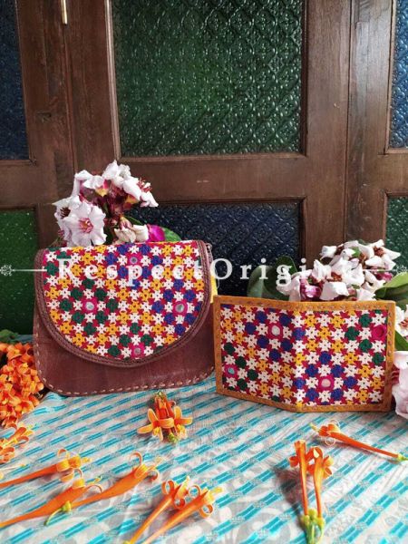 Buy Hand Embroidered Genuine Leather Bag with Yellow Card Holder Set of 2; RespectOrigins.com