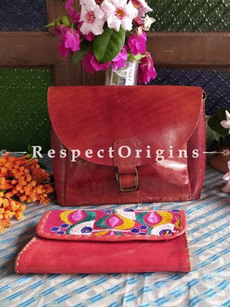 Buy Luxury Hand Embroidered Genuine Leather Bag with Brown Card Holder Set of 2; RespectOrigins.com