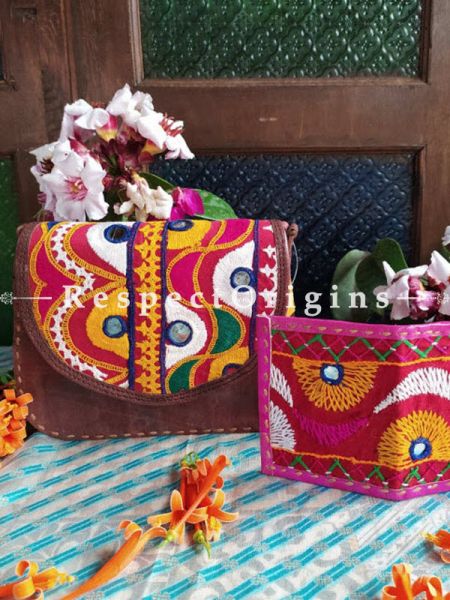 Buy Luxury Hand Embroidered Genuine Leather Bag with Pink Card Holder; Set of 2; Respectorigns.com
