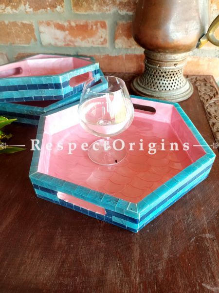 Set of 3 Pink and Blue Hexagonal Serving Trays with Mother of Pearl Style Handiwork; RespectOrigins.com