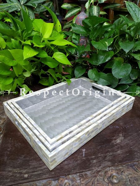 Set of 3 Rectangular Serving Trays with Mother of Pearl Style Handiwork in Natural Color; RespectOrigins.com