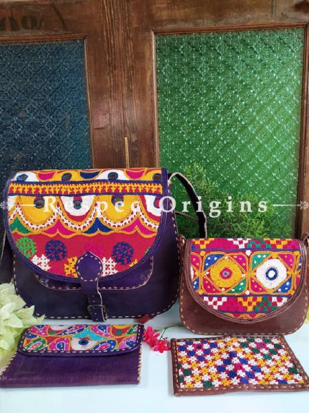 Hand Embroidery Leather Bag With Card Holder Set of 2; RespectOrigins.com