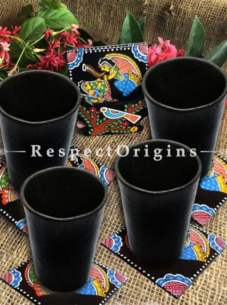 Buy Set of 4 Clay Tumbler; Handcrafted Longpi Manipuri Black Pottery; 5x2.5 in; Chemical Free; Cylindrical At RespectOrigins.com