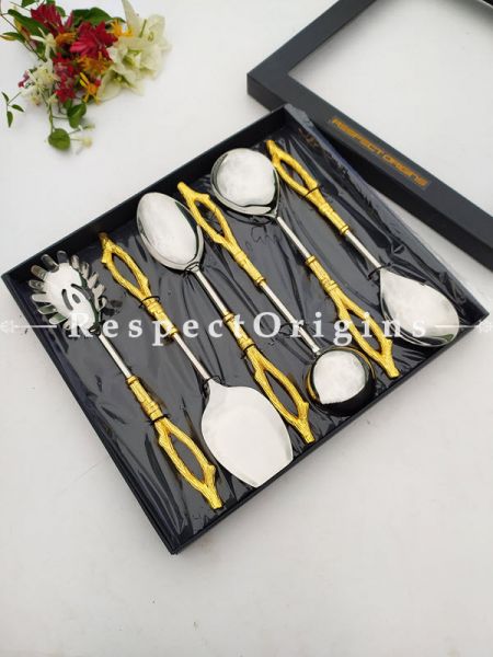 Heavy and Gorgeous Designer Handcrafted Serverware Spoons Set with Brass and Gold Coated Handles for Formal Dining Box Gift; 11 Inches; RespectOrigins.com
