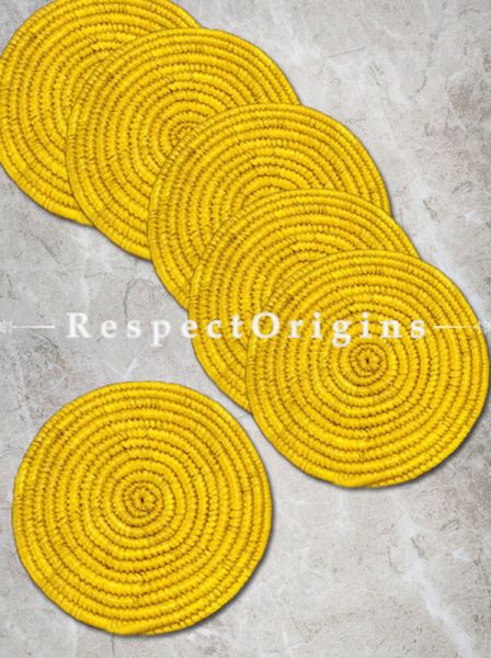 Stunning Handwoven Yellow Moonj Grass Eco-friendly Set of 6 Hot Plates or Place Mats; Dia - 8 inches; RespectOrigins