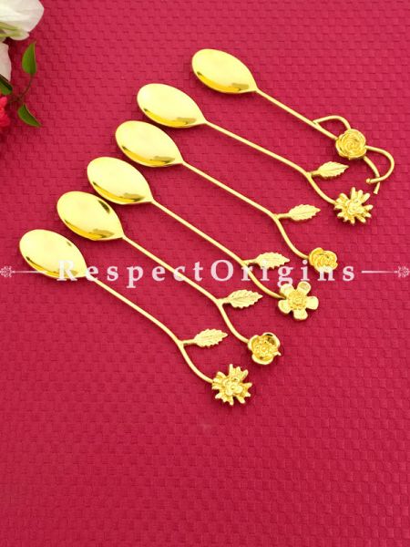 Adorable Desert or Tea Spoons Set Of 6 Designer Brass  Gold Finish Floral Handles Gift Set; 6.5 Inches; RespectOrigins.com