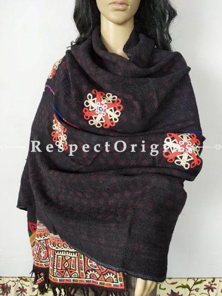Rare Vintage Shawl with Rabri Tribal Mirrorwork Embroidery in Brilliant Colors on Black Woolen Shawl;108 x37 Inches; RespectOrigins.com
