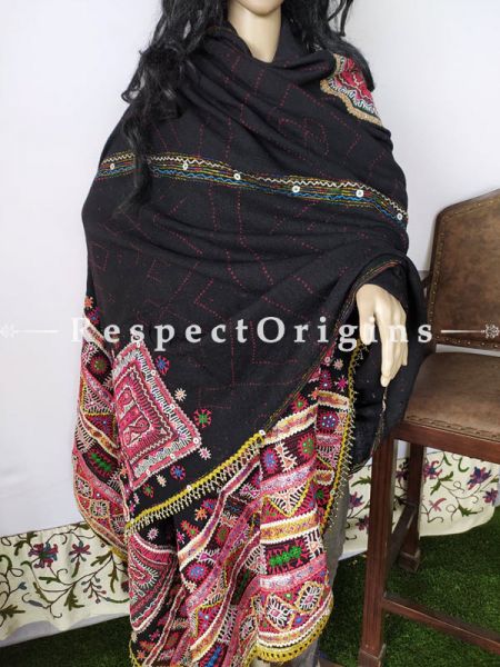Vintage Exquisite Tribal Embroidery Border on Black Woolen Shawl;108 x37 Inches; RespectOrigins.com