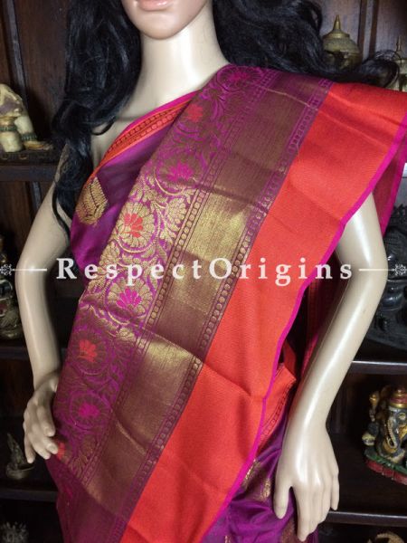 Magenta-Orange Handwoven Banarasi Cotton Silk Saree; Zari Border & Butis; RespectOrigins.com