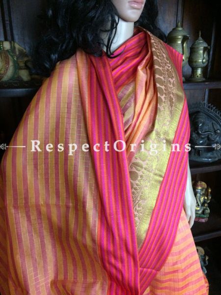 Pink Handwoven Banarasi Cotton Silk Saree; Zari Border & Butis; RespectOrigins.com