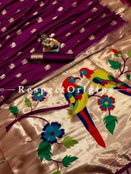 Purple N Beige Ethnic Silk Paithani Saree With Woven Design Throughout and with Birds Motifs,Comes with a Blouse Piece; RespectOrigins.com