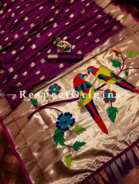 Purple N Beige Ethnic Silk Paithani Saree With Woven Design Throughout and with Birds Motifs,Comes with a Blouse Piece; RespectOrigins.com