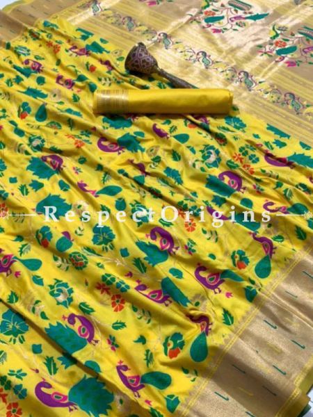 Yellow N Beige Ethnic Silk Paithani Saree With Woven Design Throughout and with Floral & Peacock Motifs,Comes with a Blouse Piece; RespectOrigins.com