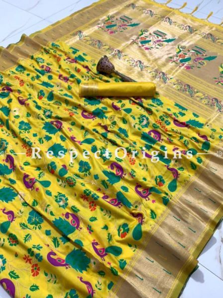 Yellow N Beige Ethnic Silk Paithani Saree With Woven Design Throughout and with Floral & Peacock Motifs,Comes with a Blouse Piece; RespectOrigins.com