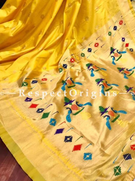 Yellow Ethnic Silk Paithani Saree With Woven Design Throughout and with  Peacock Motifs,Comes with a Blouse Piece; RespectOrigins.com