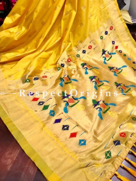 Yellow Ethnic Silk Paithani Saree With Woven Design Throughout and with  Peacock Motifs,Comes with a Blouse Piece; RespectOrigins.com