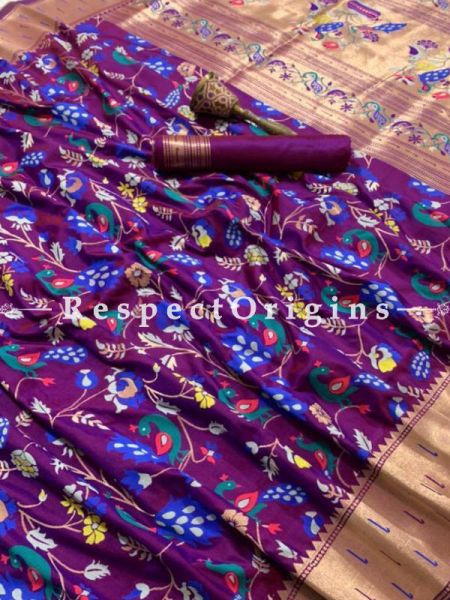 Purple Ethnic Silk Paithani Saree With Woven Design Throughout and with Floral & Peacock Motifs,Comes with a Blouse Piece; RespectOrigins.com