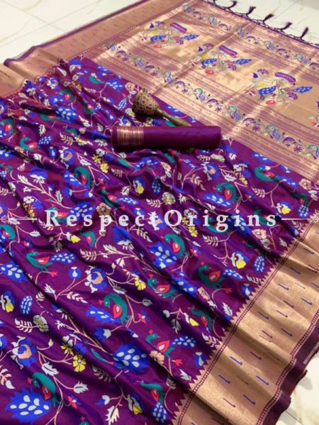 Purple Ethnic Silk Paithani Saree With Woven Design Throughout and with Floral & Peacock Motifs,Comes with a Blouse Piece; RespectOrigins.com