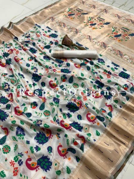 MultiColor Ethnic Silk Paithani Saree With Woven Design Throughout and with Floral & Peacock Motifs,Comes with a Blouse Piece; RespectOrigins.com