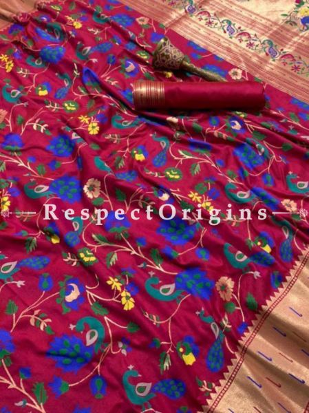 Red N Blue Ethnic Silk Paithani Saree With Woven Design Throughout,Comes with a blouse piece; RespectOrigins.com