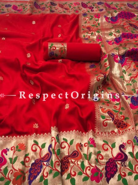 Red  Ethnic Silk Paithani Saree With Woven Design Throughout and with Peacock Motifs on the Border,Comes with a Blouse Piece; RespectOrigins.com