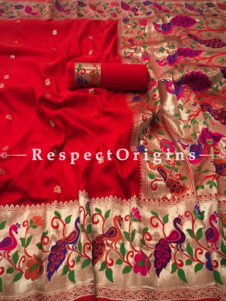 Red  Ethnic Silk Paithani Saree With Woven Design Throughout and with Peacock Motifs on the Border,Comes with a Blouse Piece; RespectOrigins.com