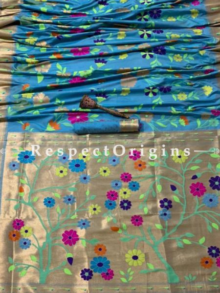 Blue Ethnic Silk Paithani Saree With Woven Design Throughout and with Floral Motifs,Comes with a Blouse Piece; RespectOrigins.com