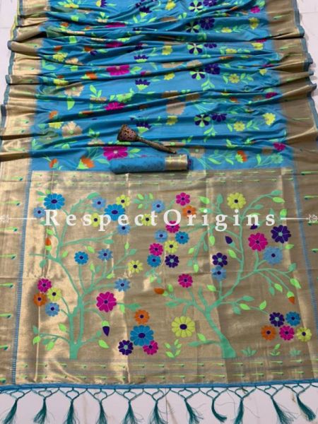 Blue Ethnic Silk Paithani Saree With Woven Design Throughout and with Floral Motifs,Comes with a Blouse Piece; RespectOrigins.com
