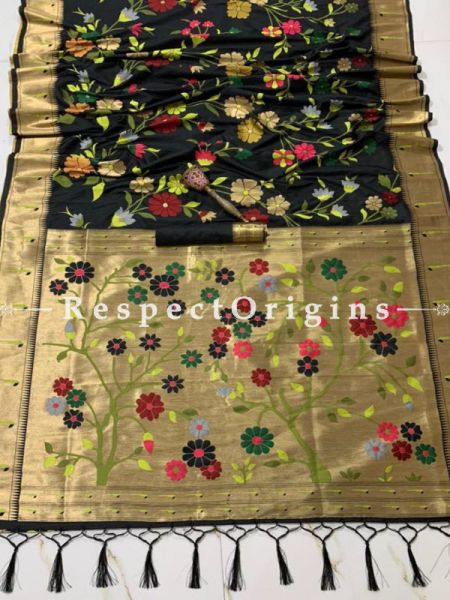 Black N Beige Ethnic Silk Paithani Saree With Woven Design Throughout and with Floral Motifs,Comes with a Blouse Piece; RespectOrigins.com
