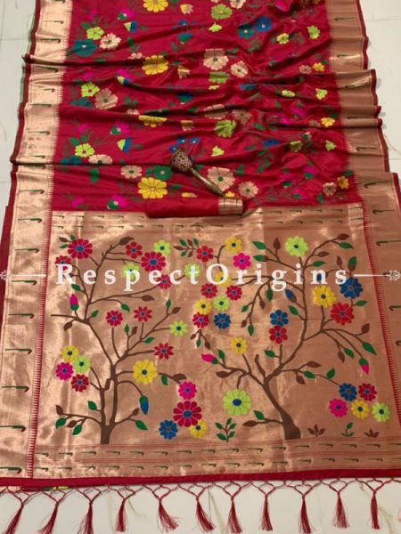 Red N Baby Pink Ethnic Silk Paithani Saree With Woven Design Throughout and with Floral Motifs,Comes with a Blouse Piece; RespectOrigins.com
