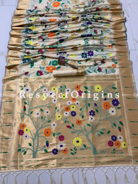 Beige Ethnic Silk Paithani Saree With Woven Design Throughout and with Floral Motifs,Comes with a Blouse Piece; RespectOrigins.com
