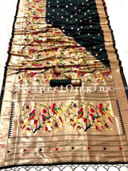 Beige N Black Ethnic Silk Paithani Saree With Woven Design Throughout and with Floral & Birds Motifs,Comes with a Blouse Piece; RespectOrigins.com