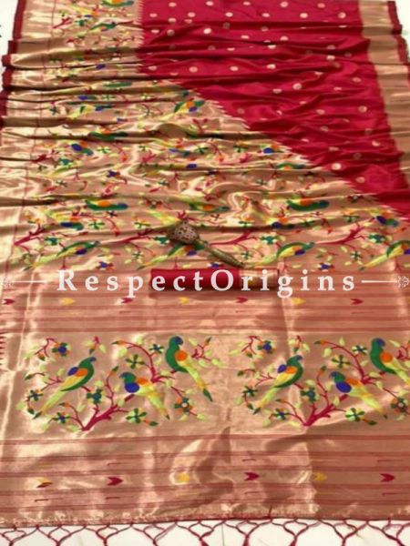 Red N Rose Pink Ethnic Silk Paithani Saree With Woven Design Throughout and with Floral & Birds Motifs,Comes with a Blouse Piece; RespectOrigins.com