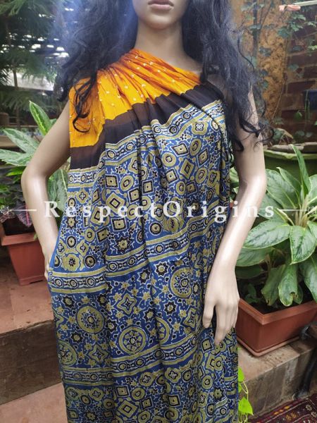 Celebration Bandhej Tie-Dye Modal Silk Saree with Hand-printed Ajrakh Pallu: Golden Yellow
