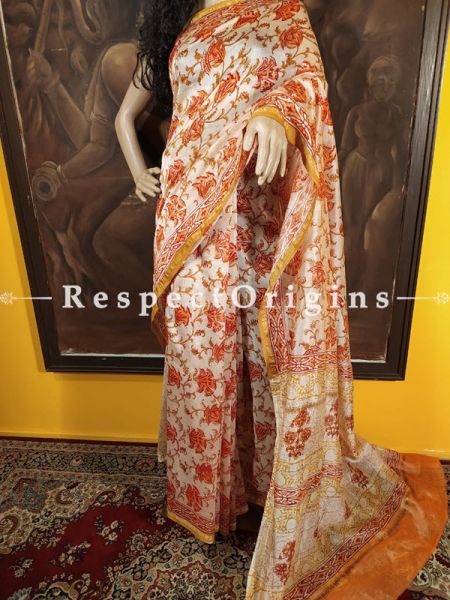 Sanganeri Hand- Block print Chanderi Cotton Silk Saree with Zari Border; Running Blouse