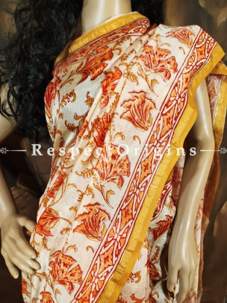 Sanganeri Hand- Block print Chanderi Cotton Silk Saree with Zari Border; Running Blouse